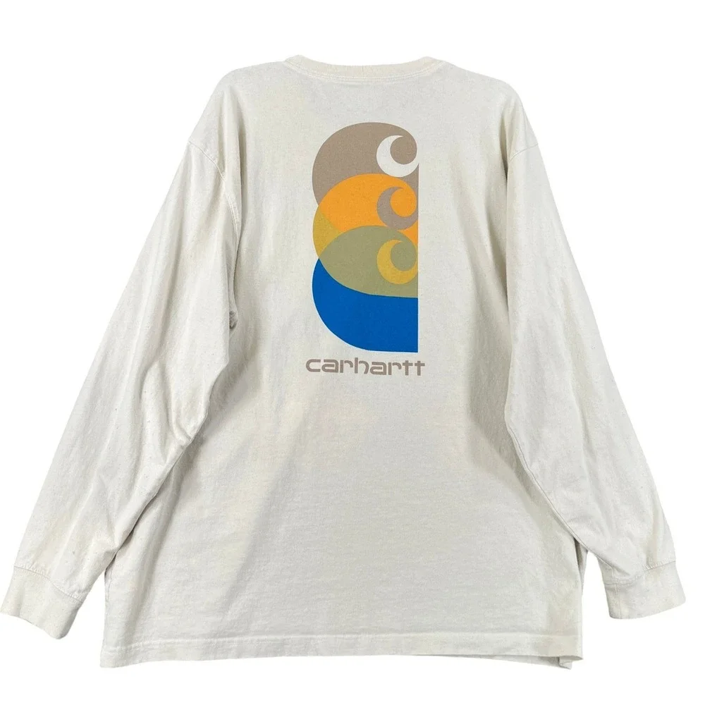 Carhartt Long Sleeve Pocket Shirt Mens XL Loose Fit Graphic Logo Cream Workwear